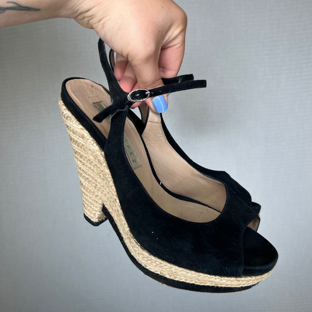 Pura Lopez Black Suede Espadrille Wedge Sandals Peep Toe EU 39.5 Made in Spain